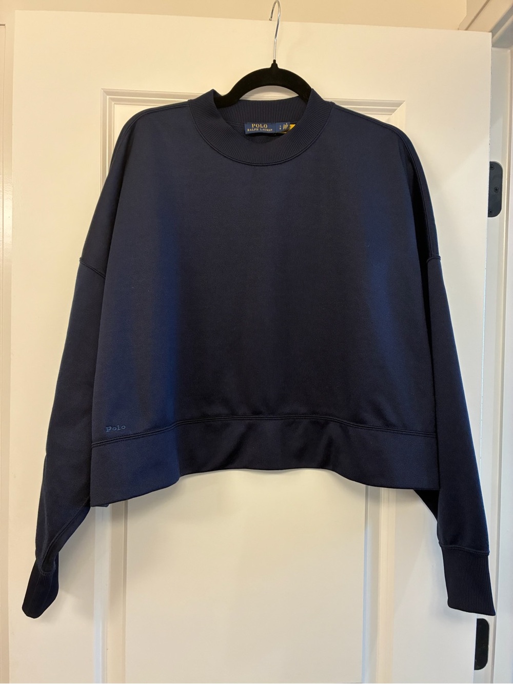 NWOT POLO RALPH LAUREN Boxy Suede-Patch French Terry Sweatshirt Navy Size Large - Picture 4 of 13